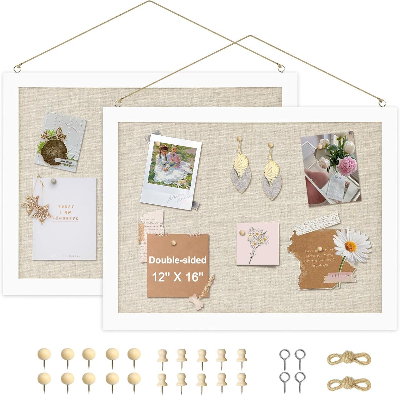 2-Pack Double-Sided Cork Board with Linen, Hanging Wood Framed Bulletin Board